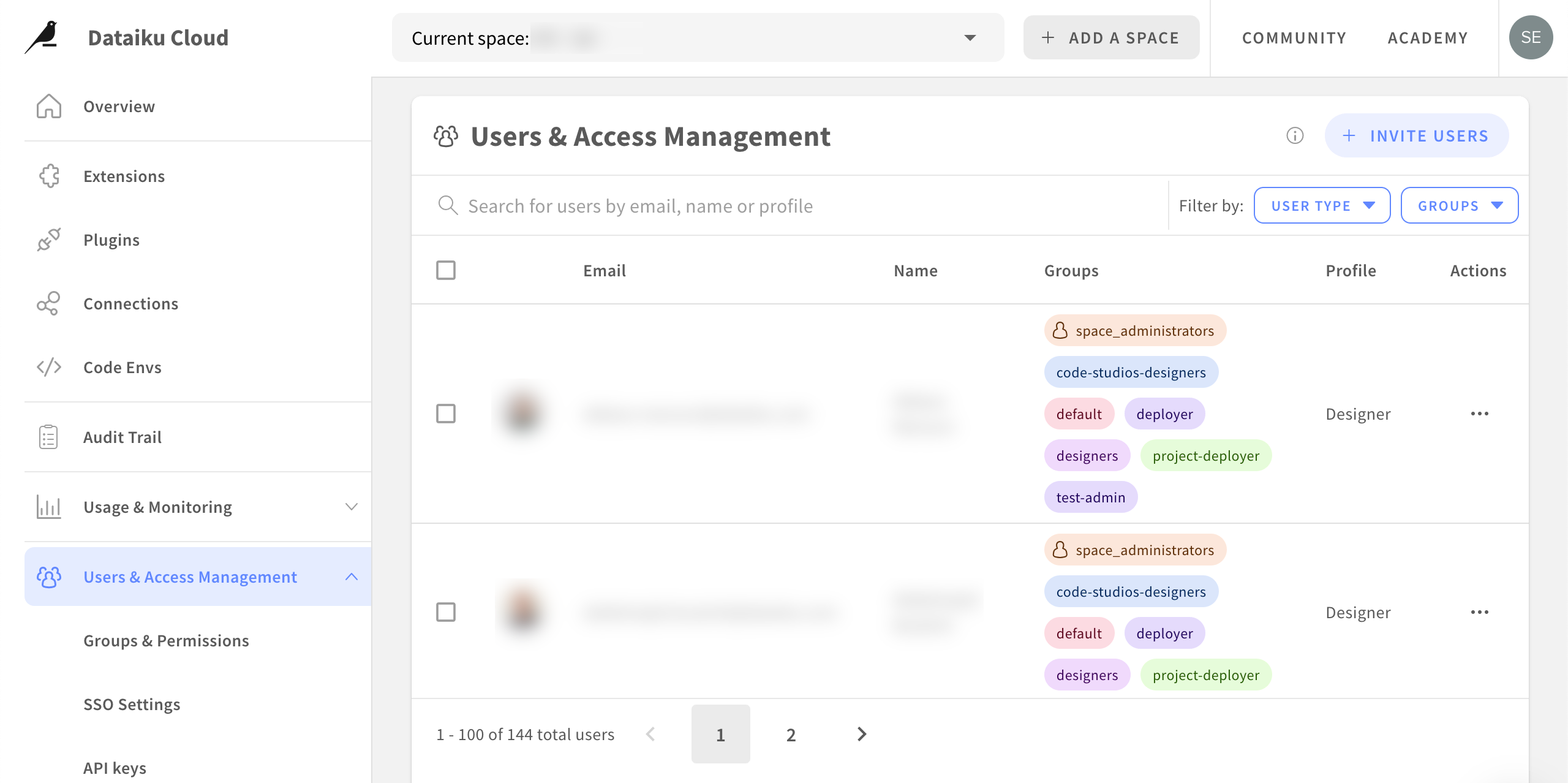 Dataiku screenshot of the user and access management panel.