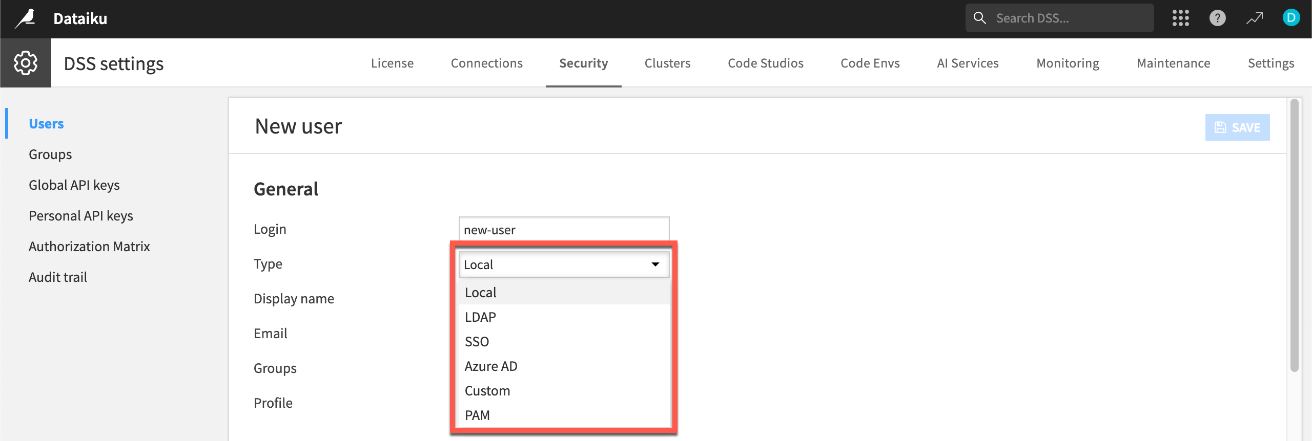 Dataiku screenshot of a user page with the type field open.
