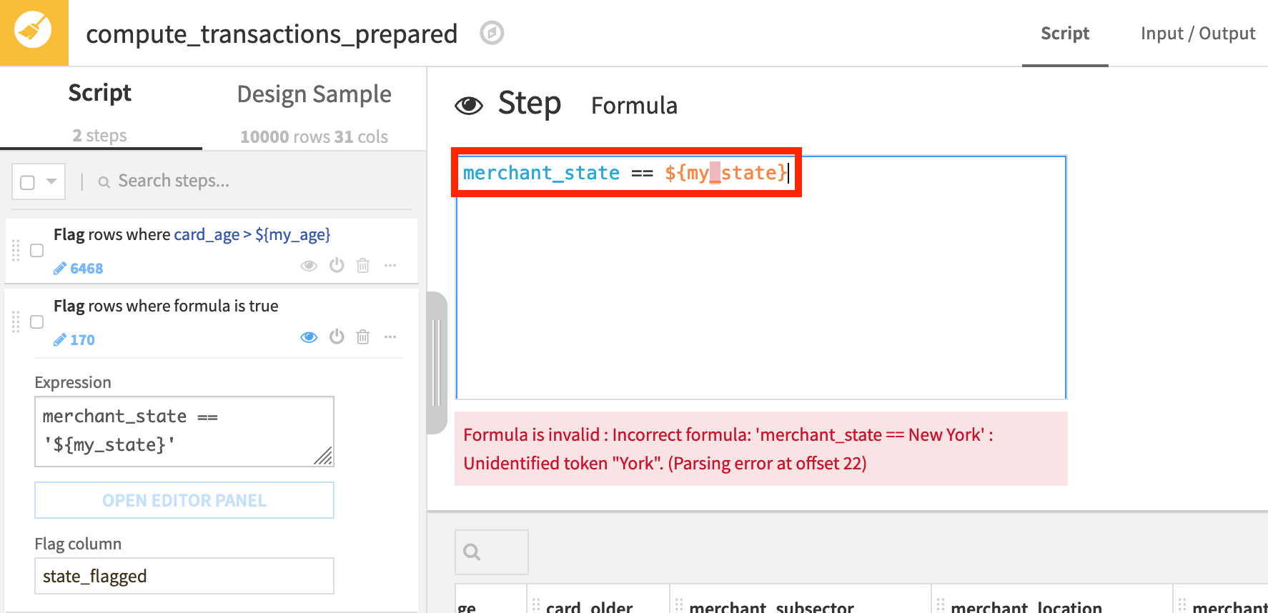 Dataiku screenshot of an example showing how a string variable in a Prepare recipe processor needs to be wrapped in quotes.