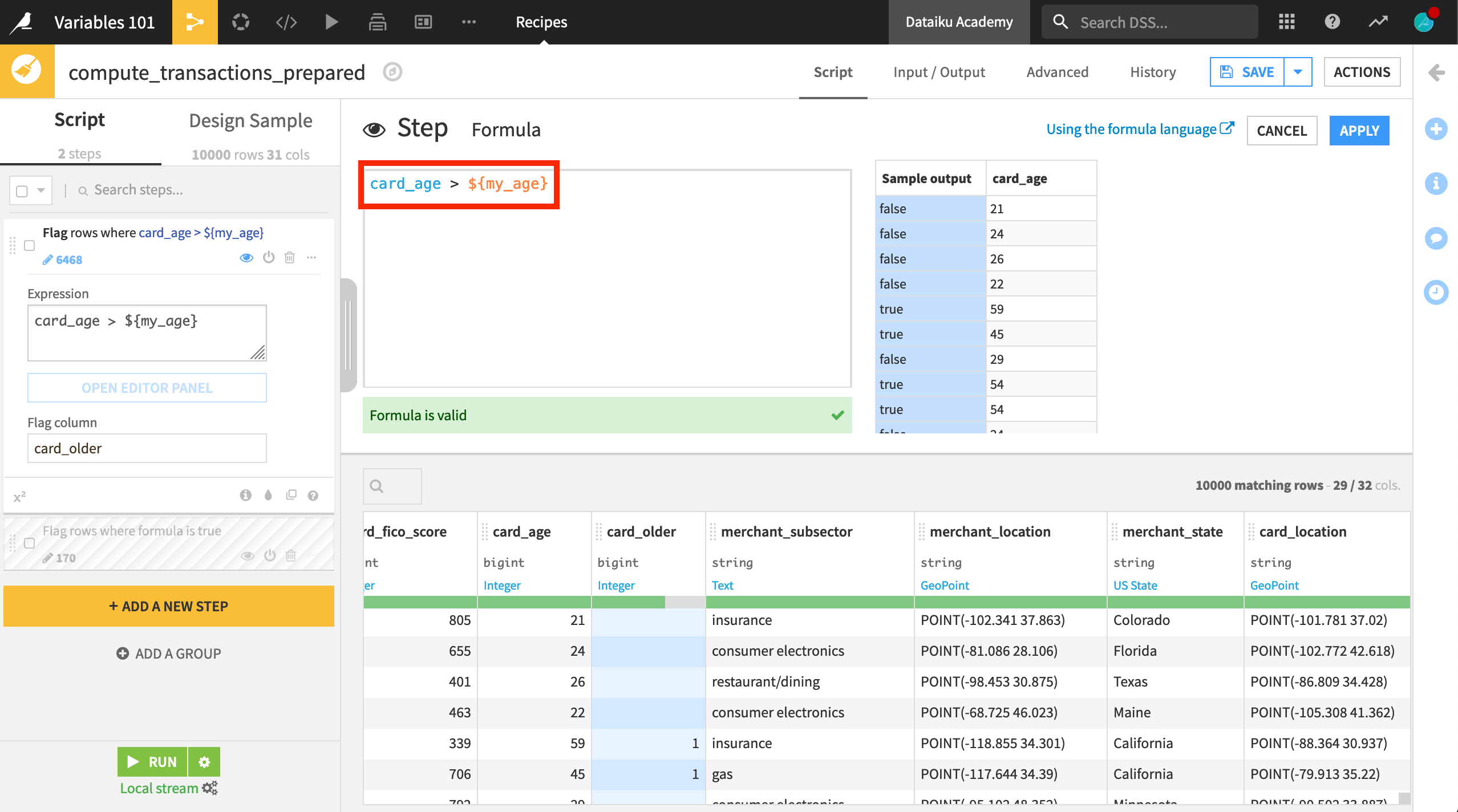 Dataiku screenshot of an example showing how to use an integer variable in a Prepare recipe processor.