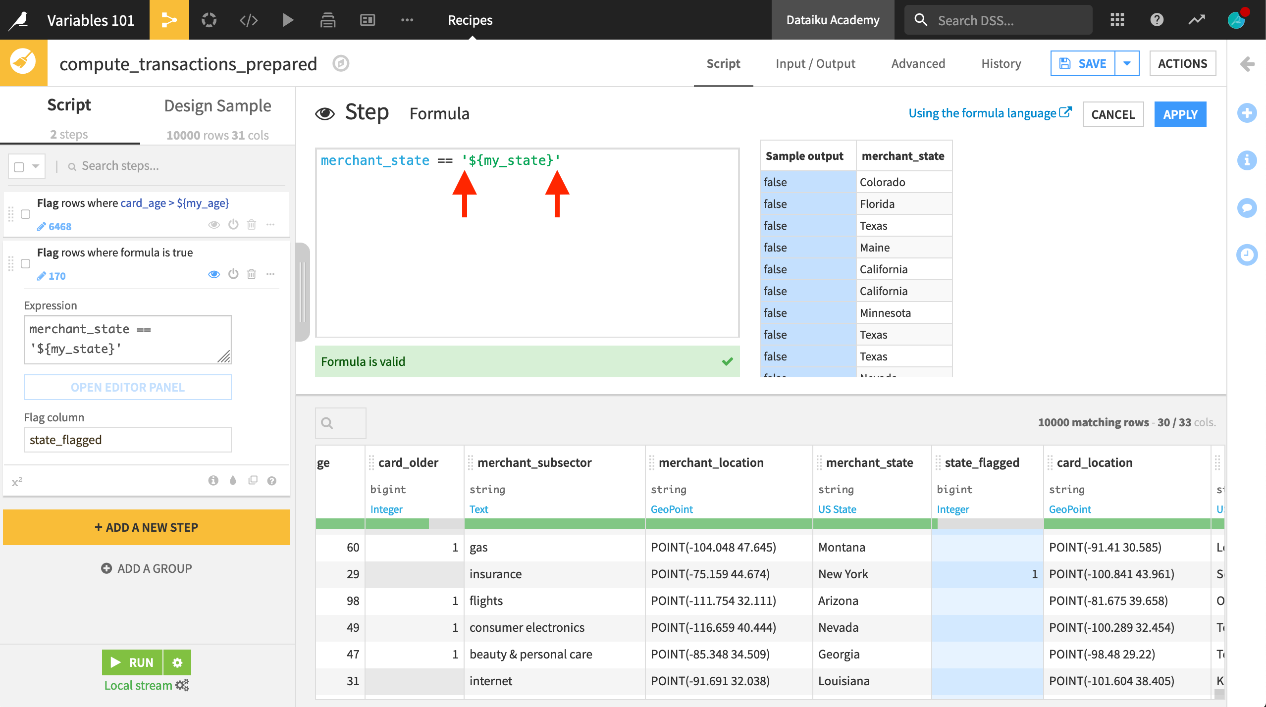 Dataiku screenshot of an example showing how to use a string variable in a Prepare recipe processor.