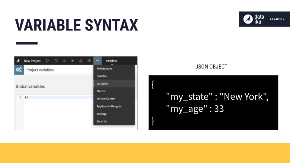 Slide depicting variable syntax in Dataiku.
