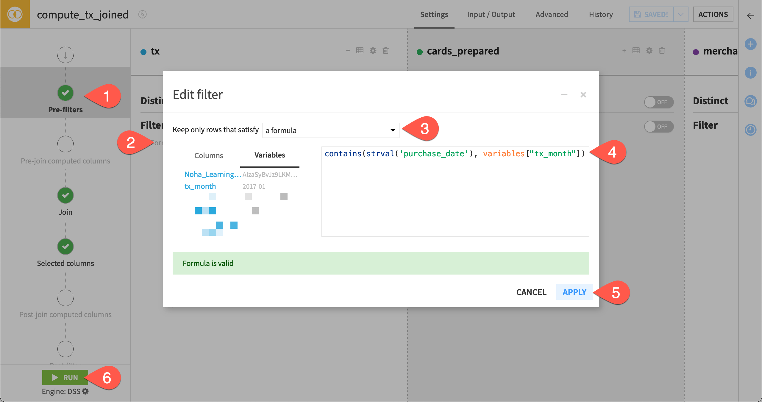 Dataiku screenshot of the pre-filter step of a visual recipe including a variable using formula syntax.