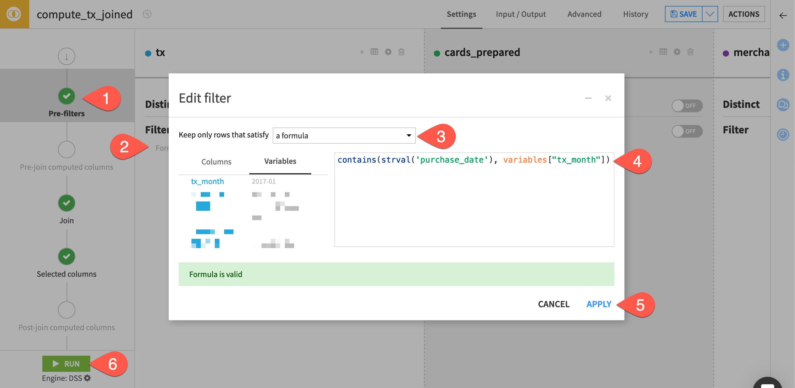 Dataiku screenshot of the pre-filter step of a visual recipe including a variable using formula syntax.