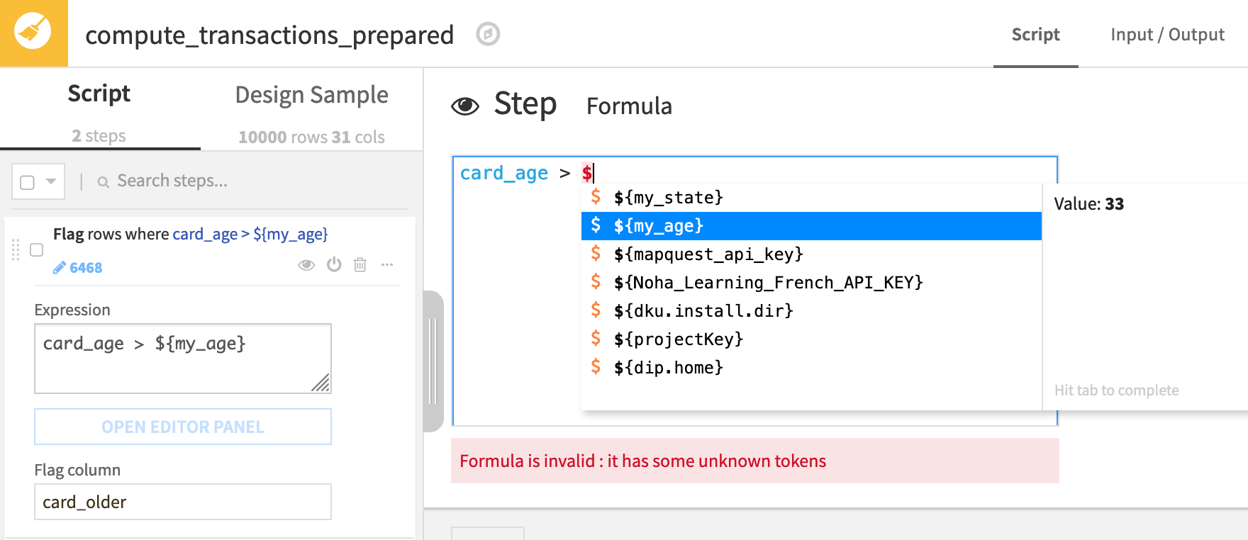 Dataiku screenshot of an example showing how to find available variables.