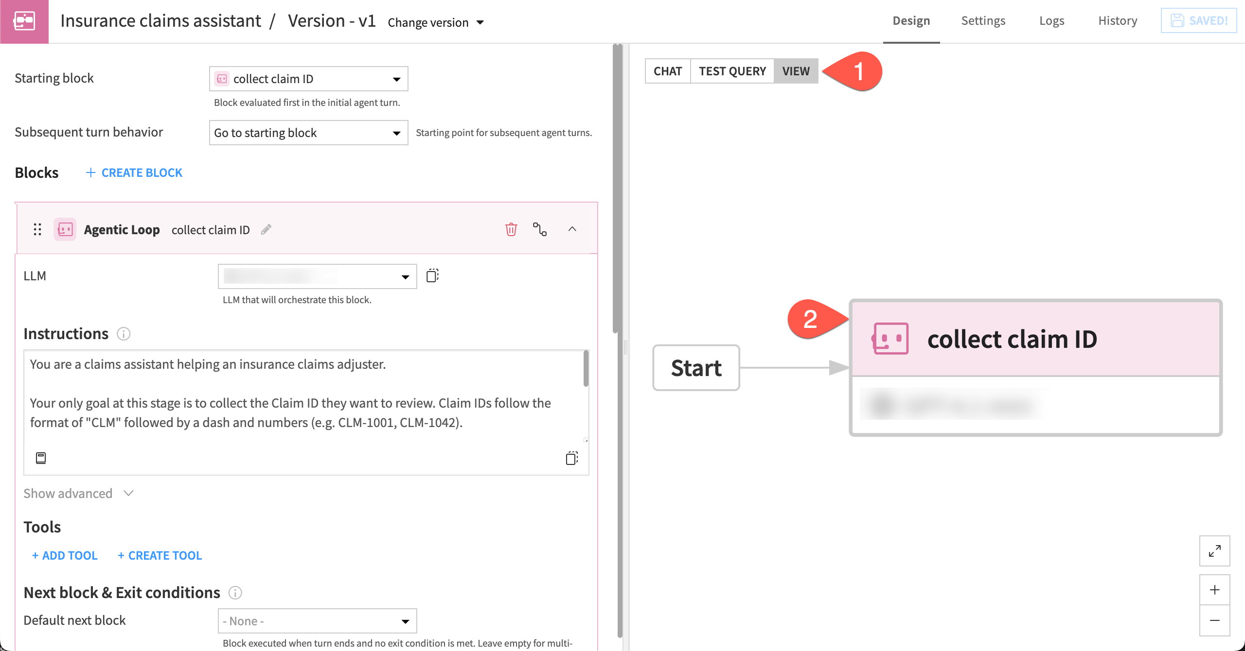 Dataiku screenshot showing the steps to view the agent graph.