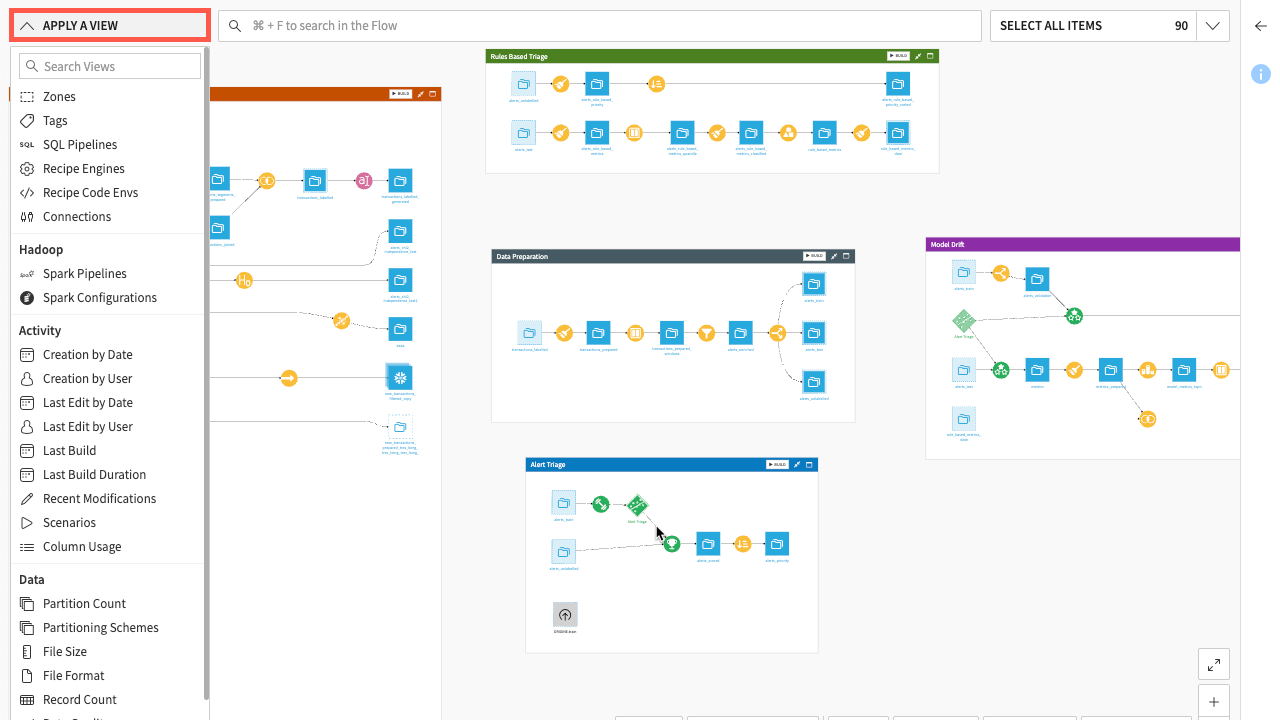 Dataiku screenshot of the Flow displaying the view menu.