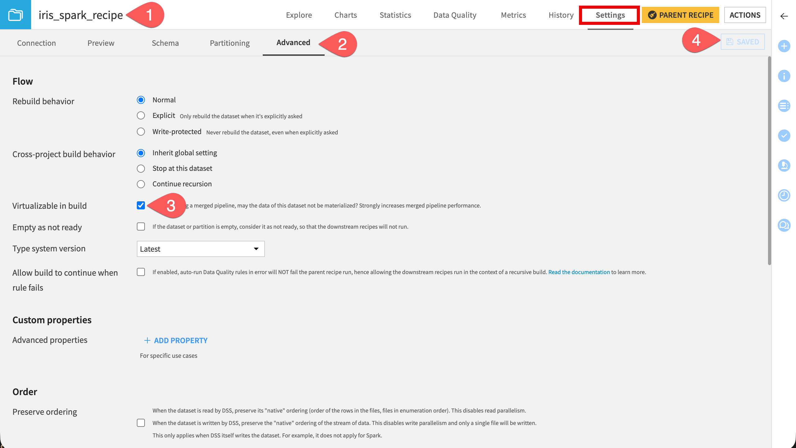 Screenshot of an intermediate dataset's settings, focusing on the Virtualizable in build parameter.