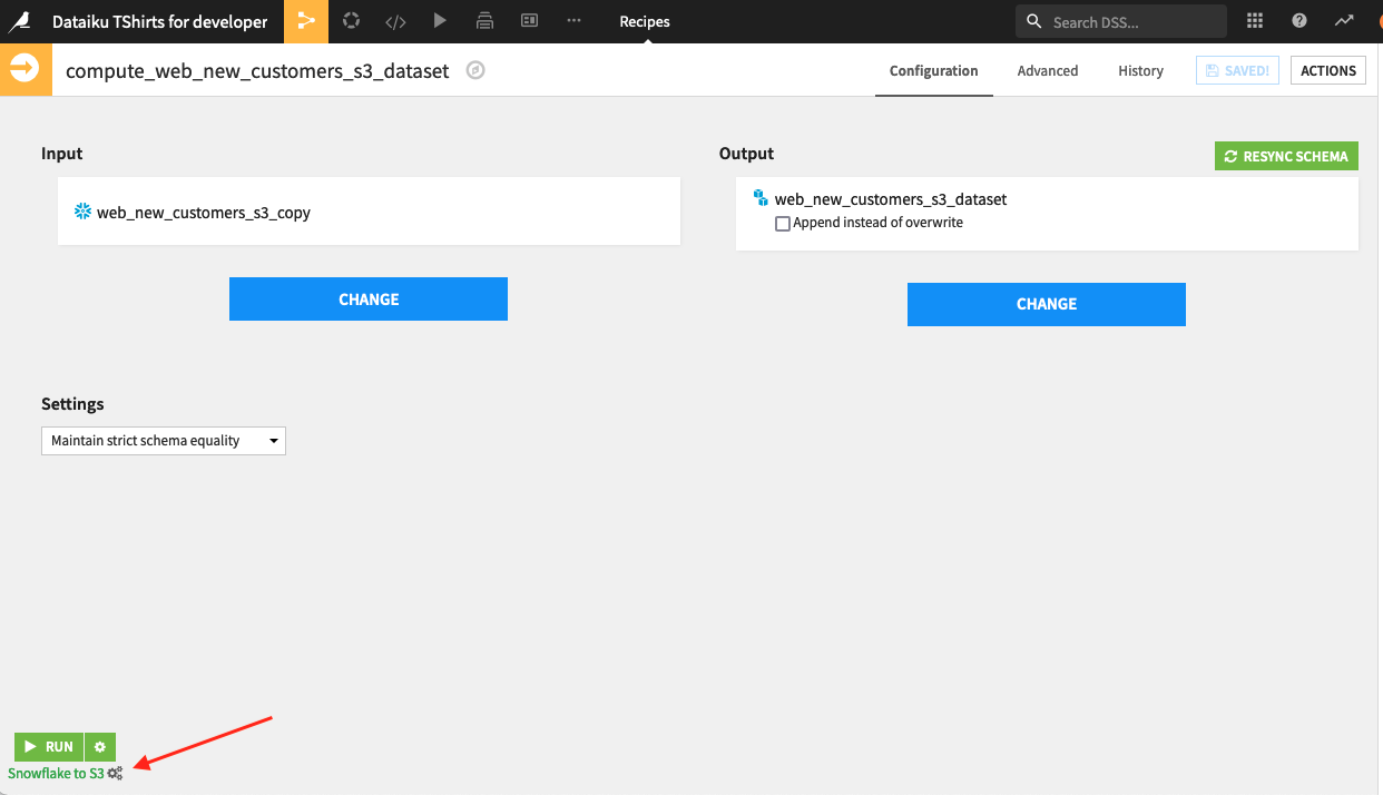 Visual recipe with Snowflake to S3 engine configured.