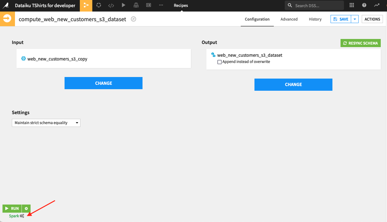 Visual recipe with Spark execution engine configured.