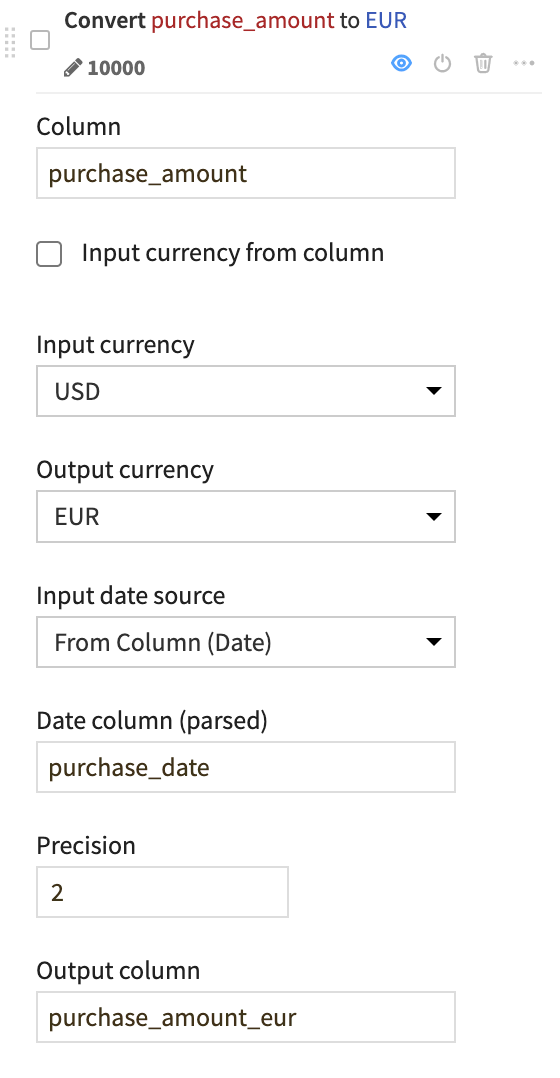 Dataiku screenshot of converting currency in a visual analysis in the Lab.