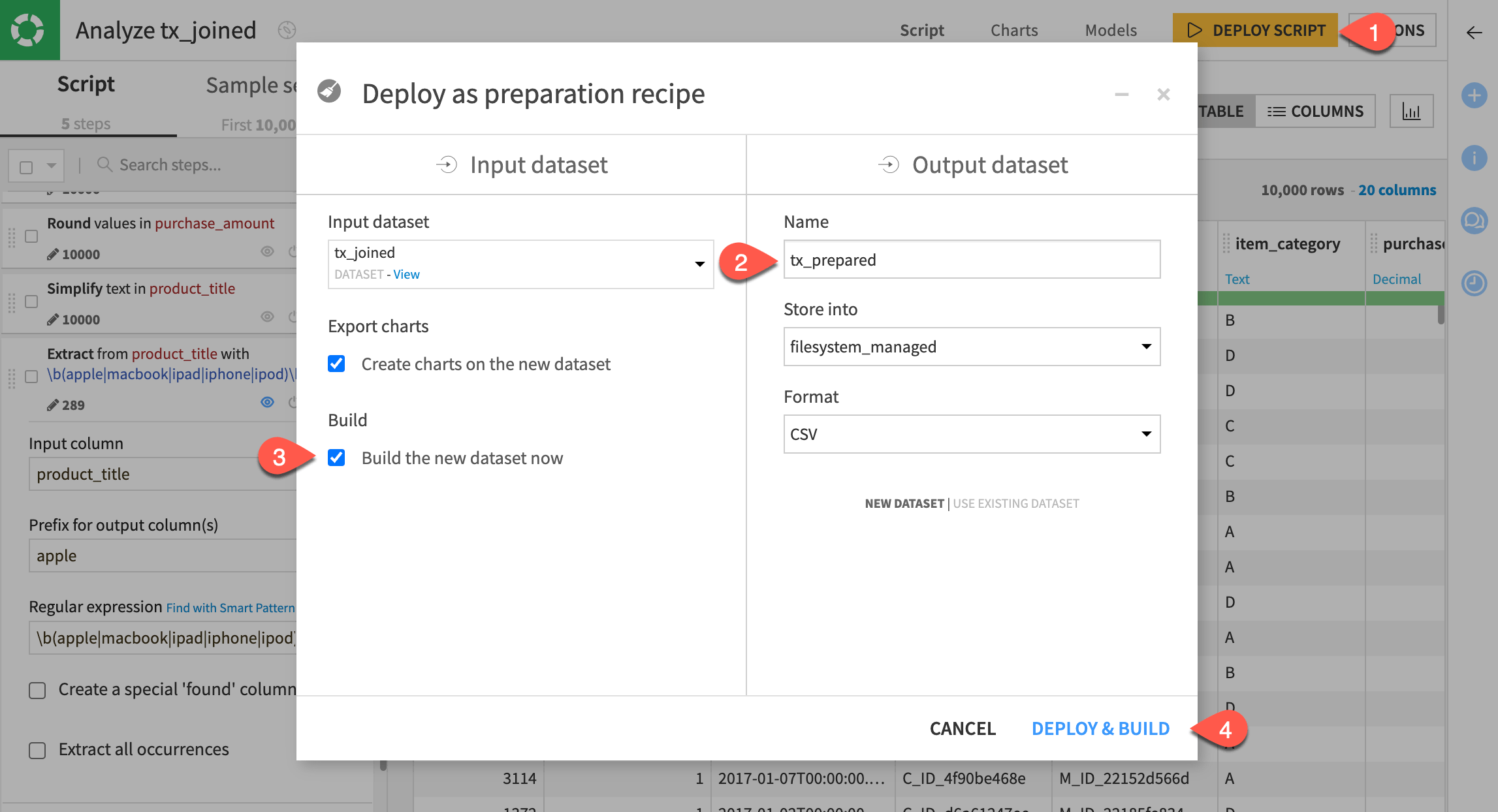 Dataiku screenshot of the dialog for deploying a visual analysis from the Lab.