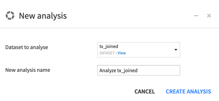 Dataiku screenshot of the dialog for creating a new visual analysis in the Lab.