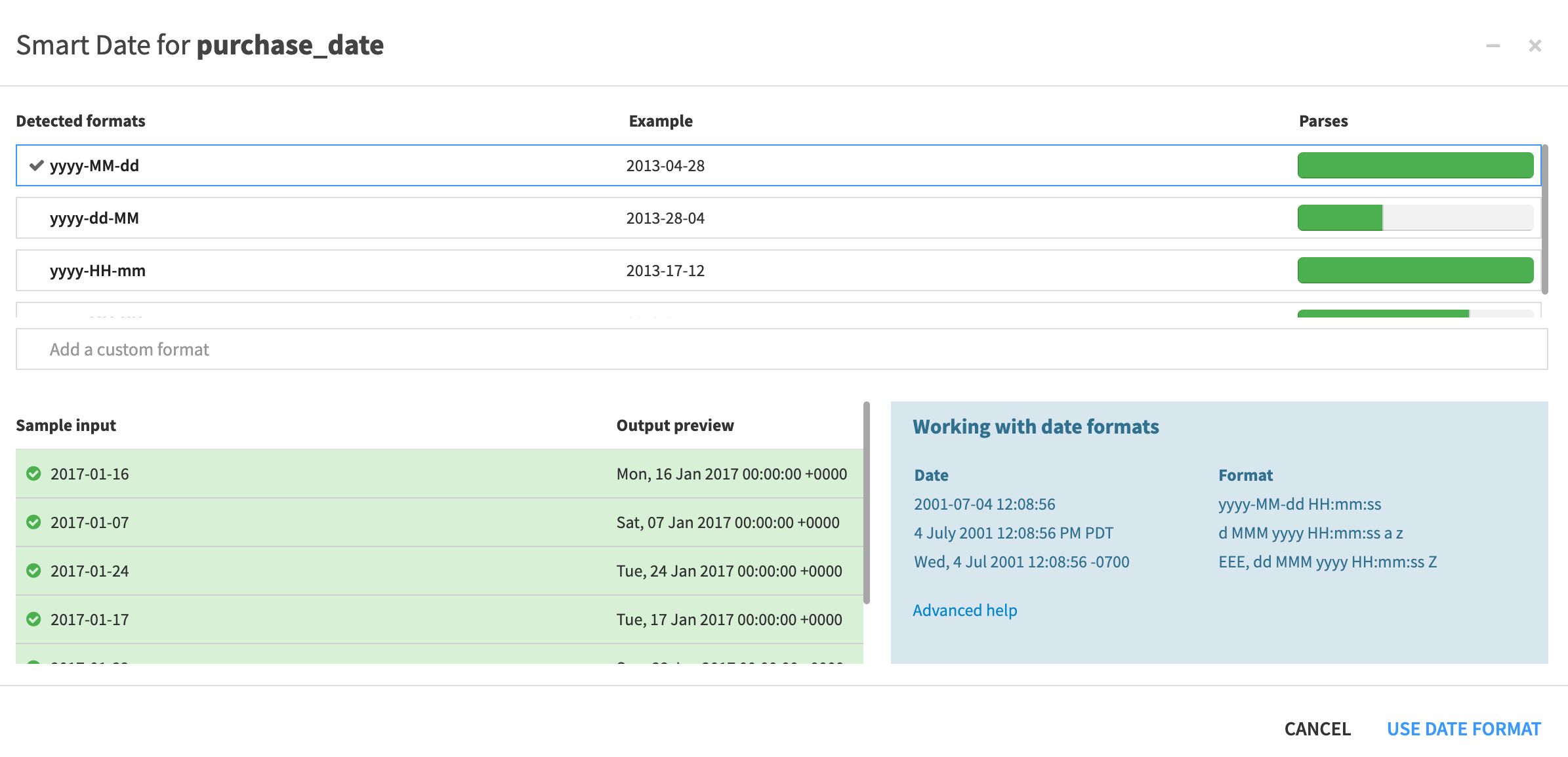 Dataiku screenshot of parsing a date in a visual analysis in the Lab.