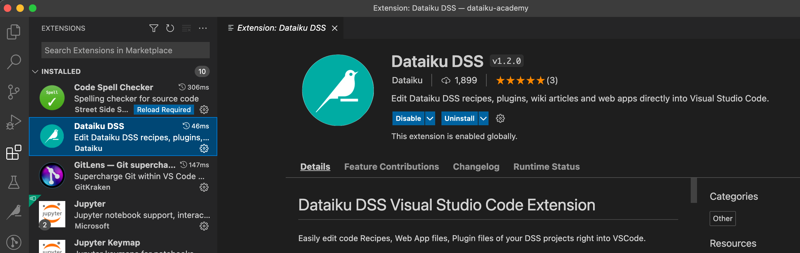 Screenshot of Dataiku extension in VS Code.