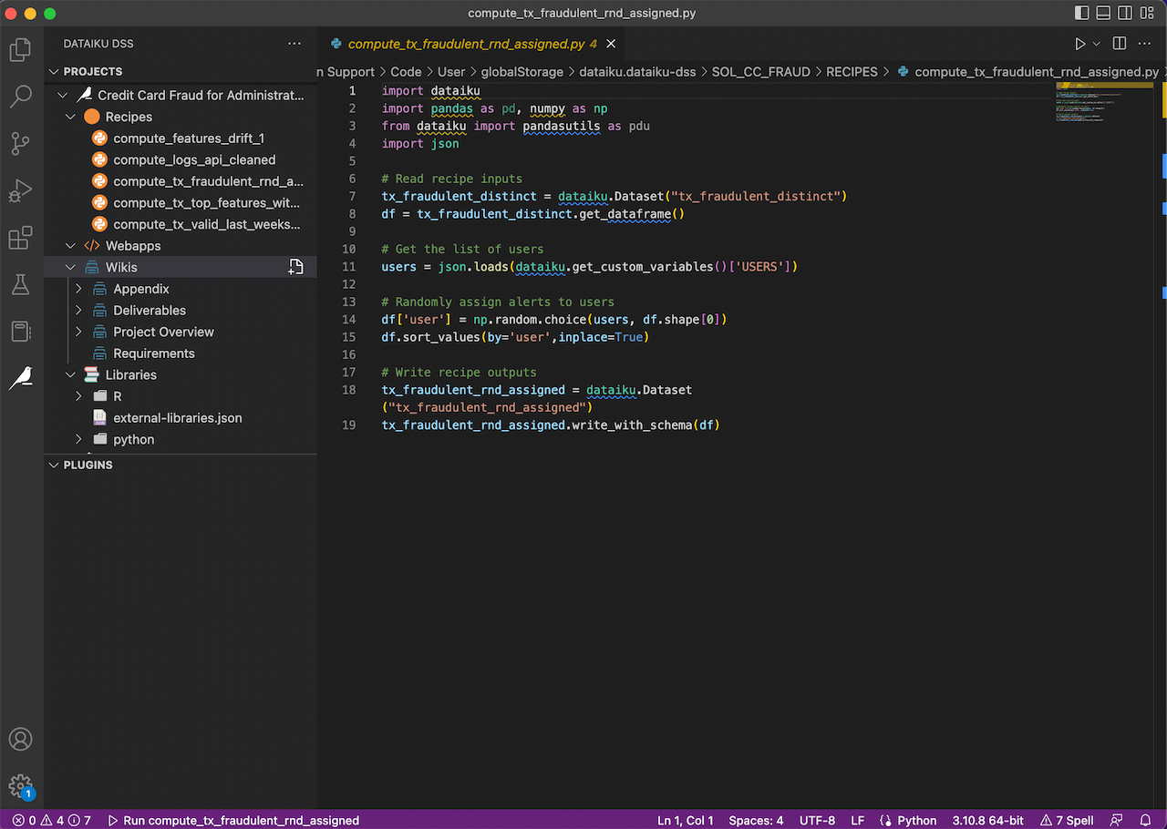 VS Code screenshot of a Dataiku Python recipe.