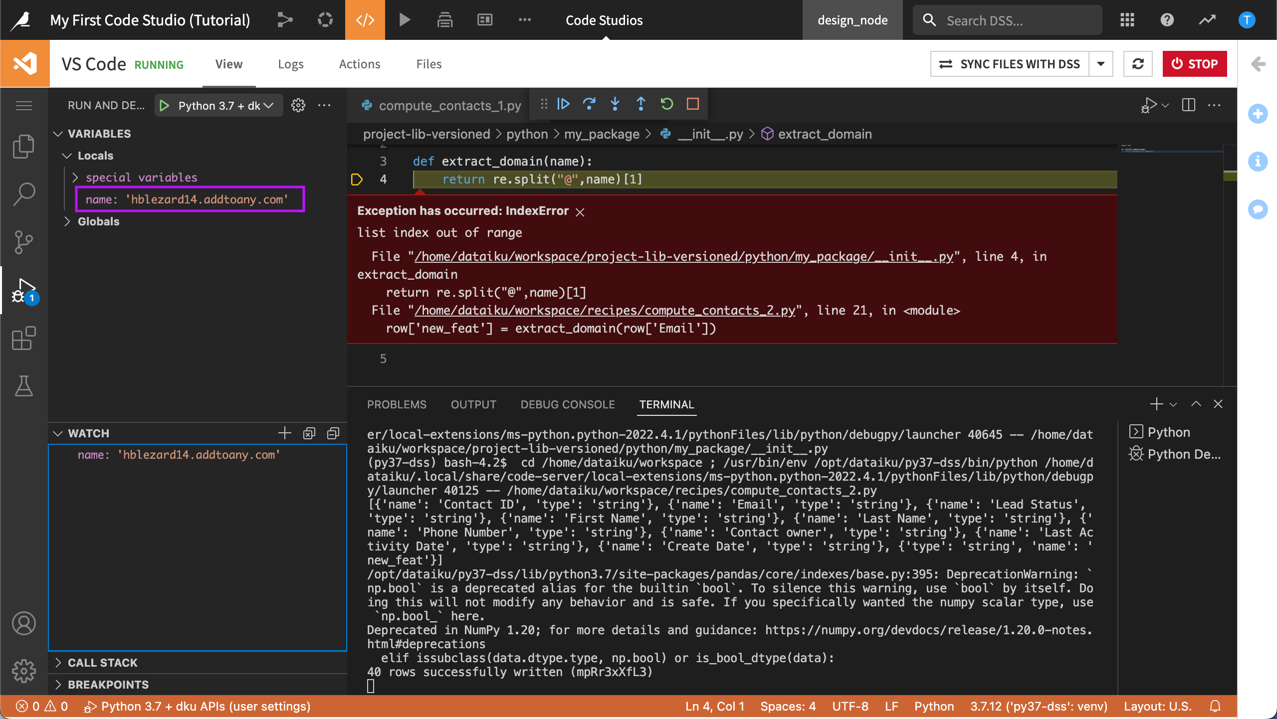 VS Code exception index error found with debugger.