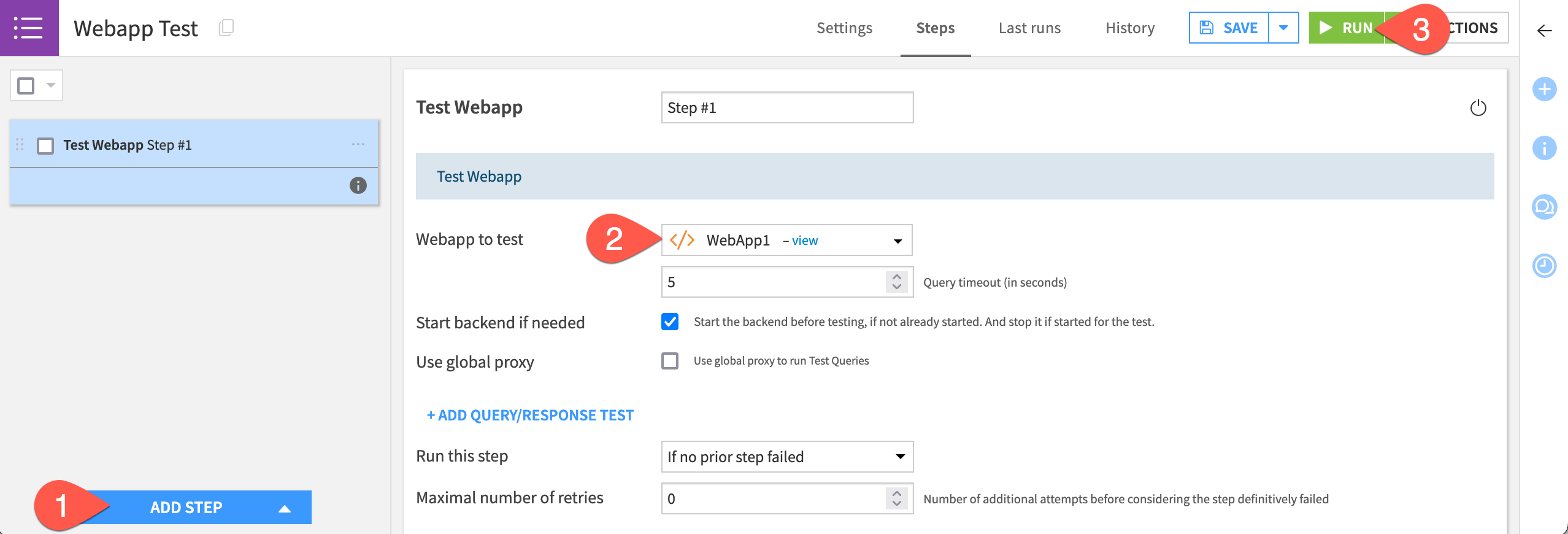 Dataiku screenshot of a webapp test step in a scenario.