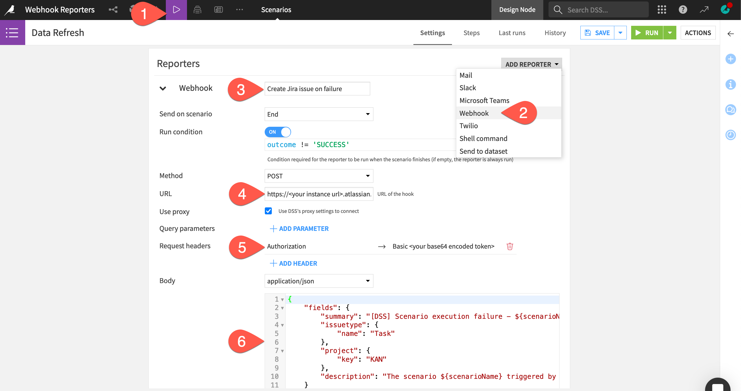 Dataiku screenshot of a webhook reporter.