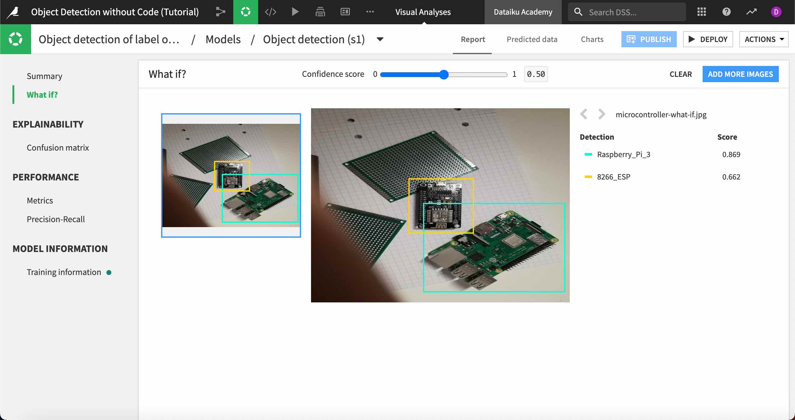 Using the what if feature to detect objects in new images.