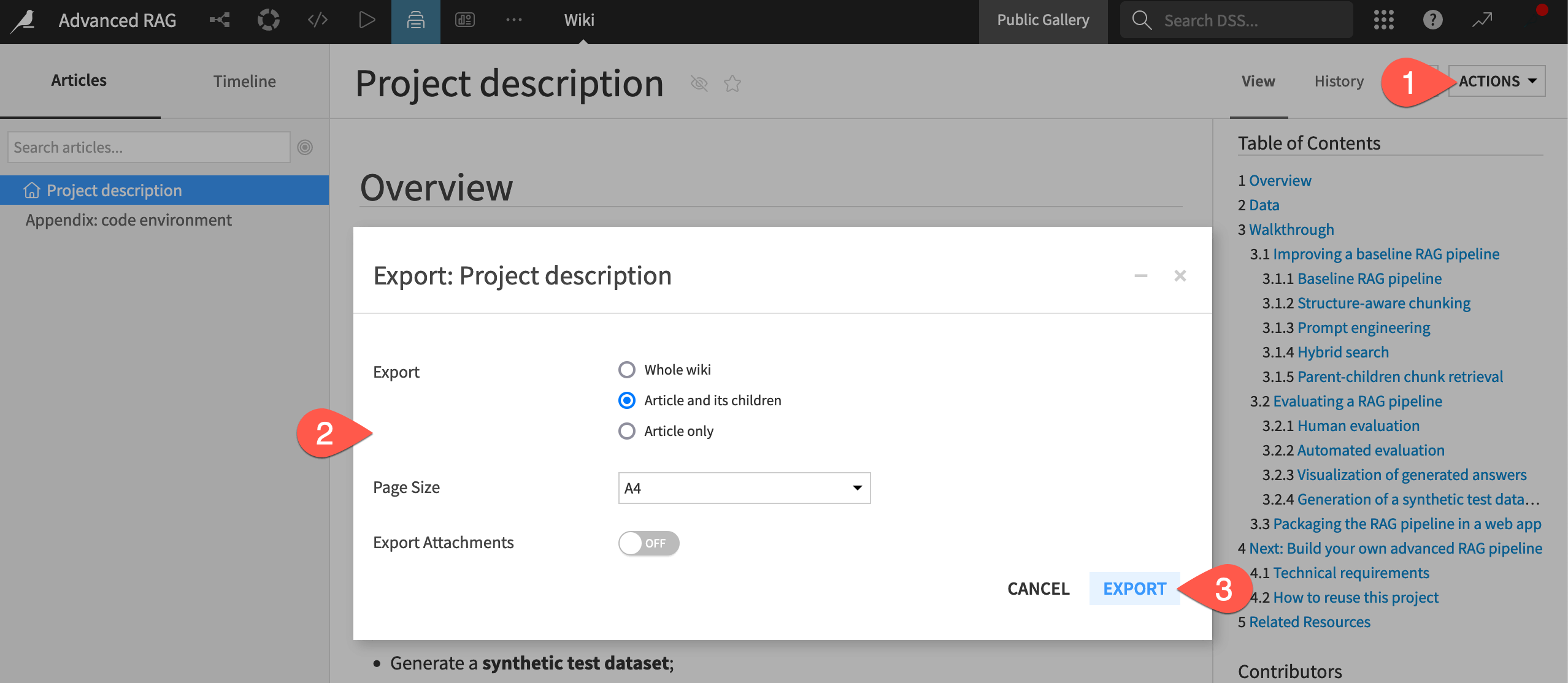 A wiki's Export to PDF dialog