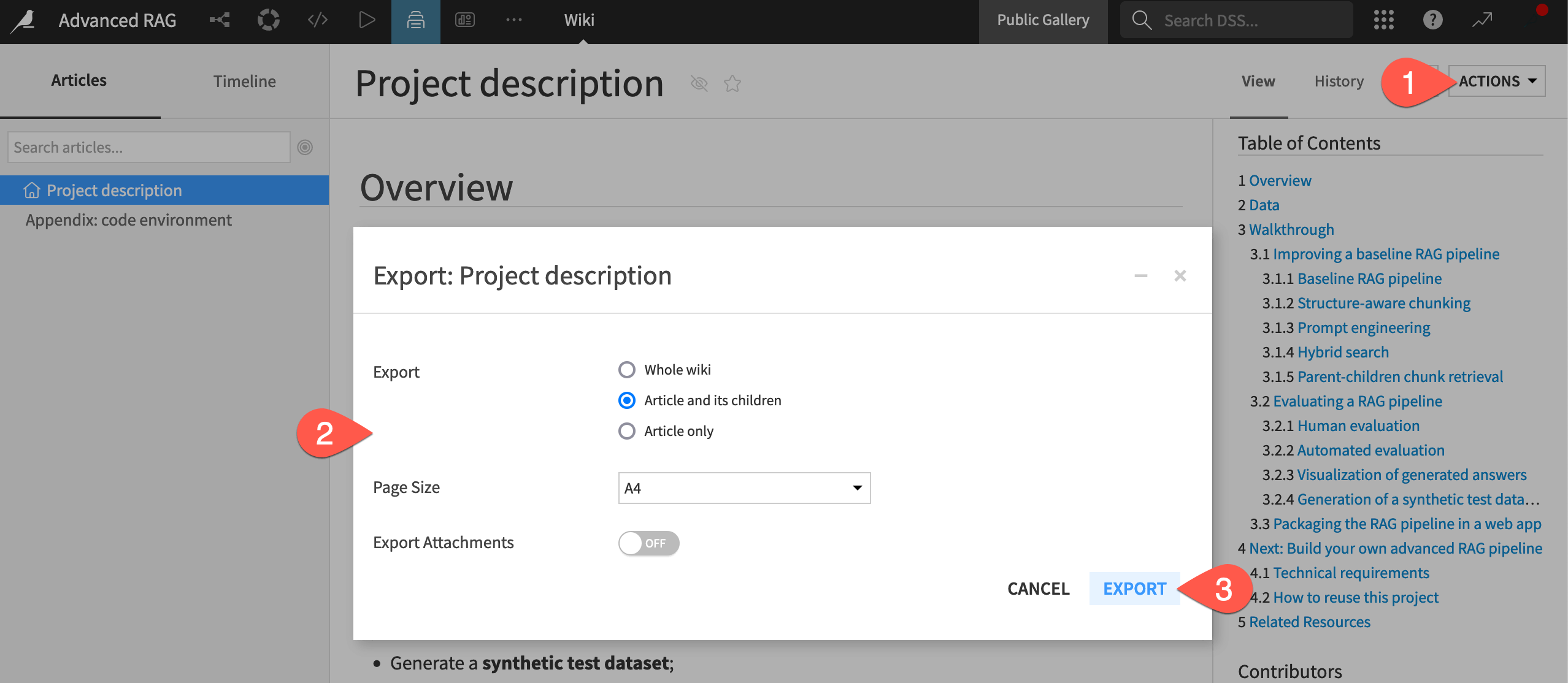 A wiki's Export to PDF dialog.