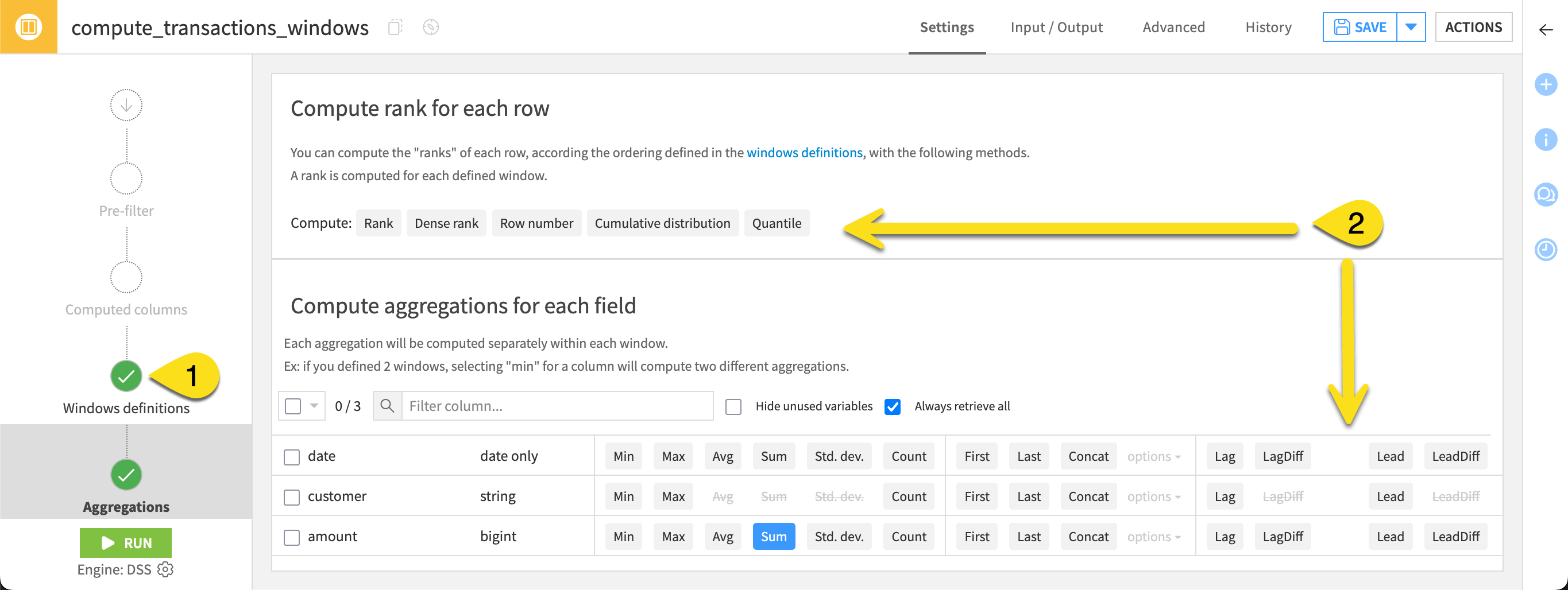 Dataiku screenshot of the Aggregation step of a Window recipe.