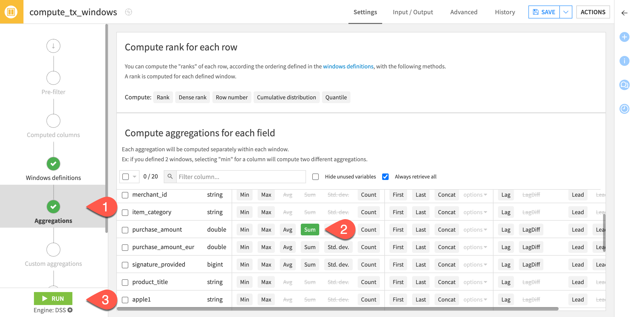 A screenshot showing the Aggregations step of the Window recipe with the purchase amount "Sum" turned on.