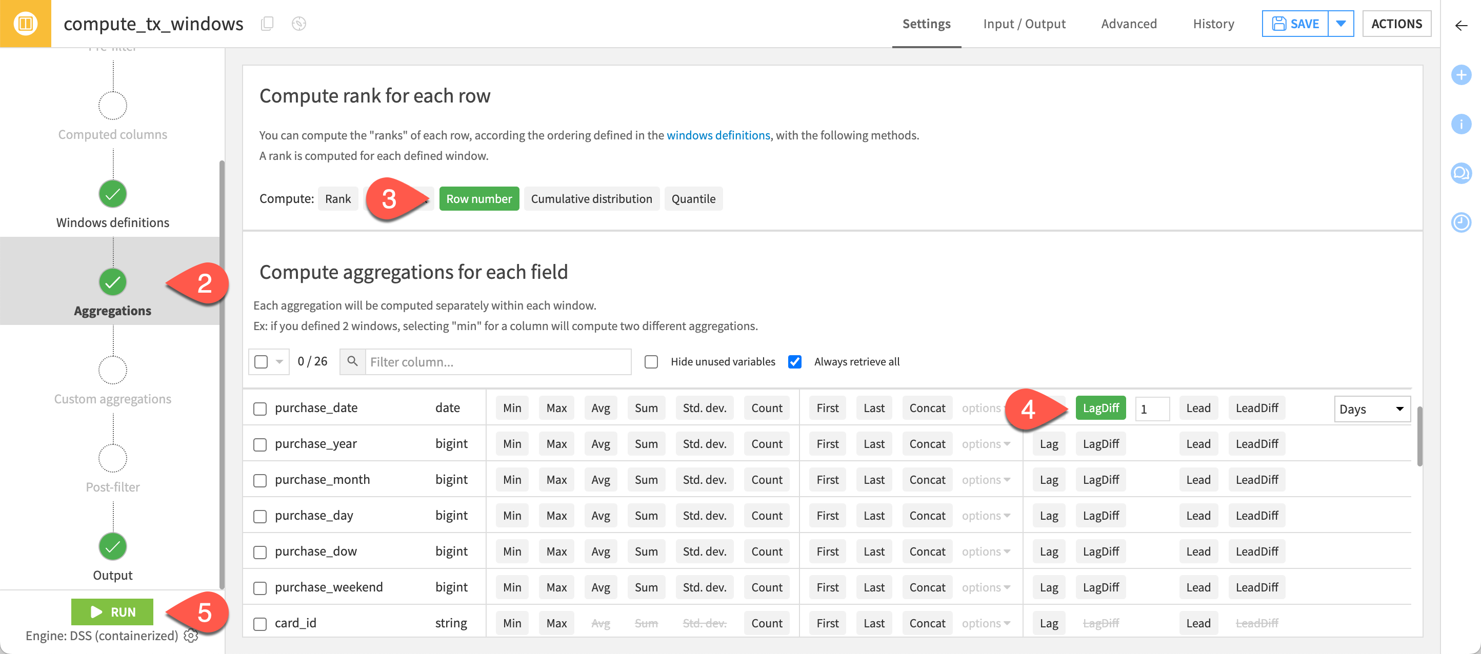 A screenshot of the Aggregations step with purchase_date LagDiff and Row number enabled.