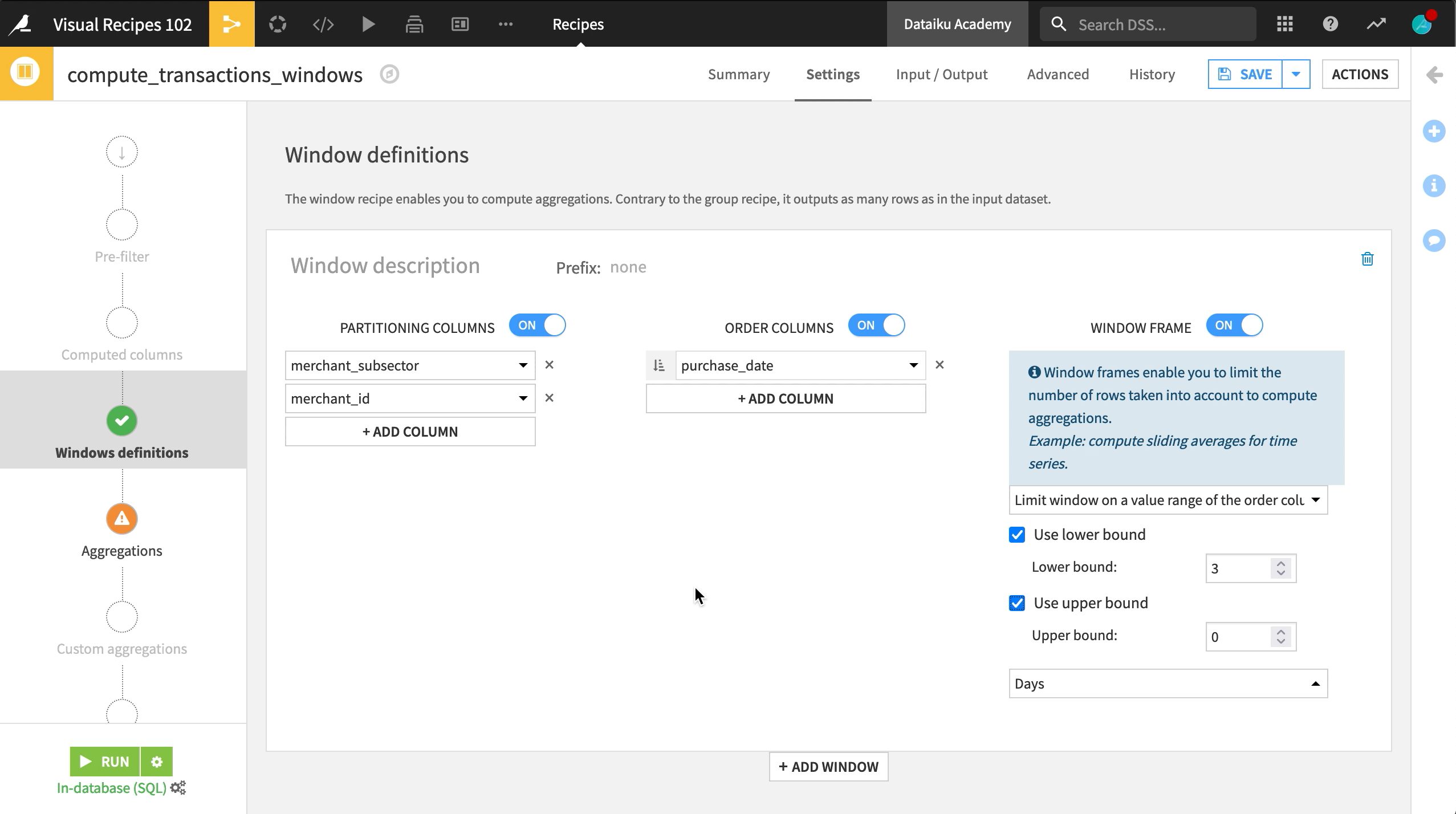 Dataiku screenshot of a Window definition step.