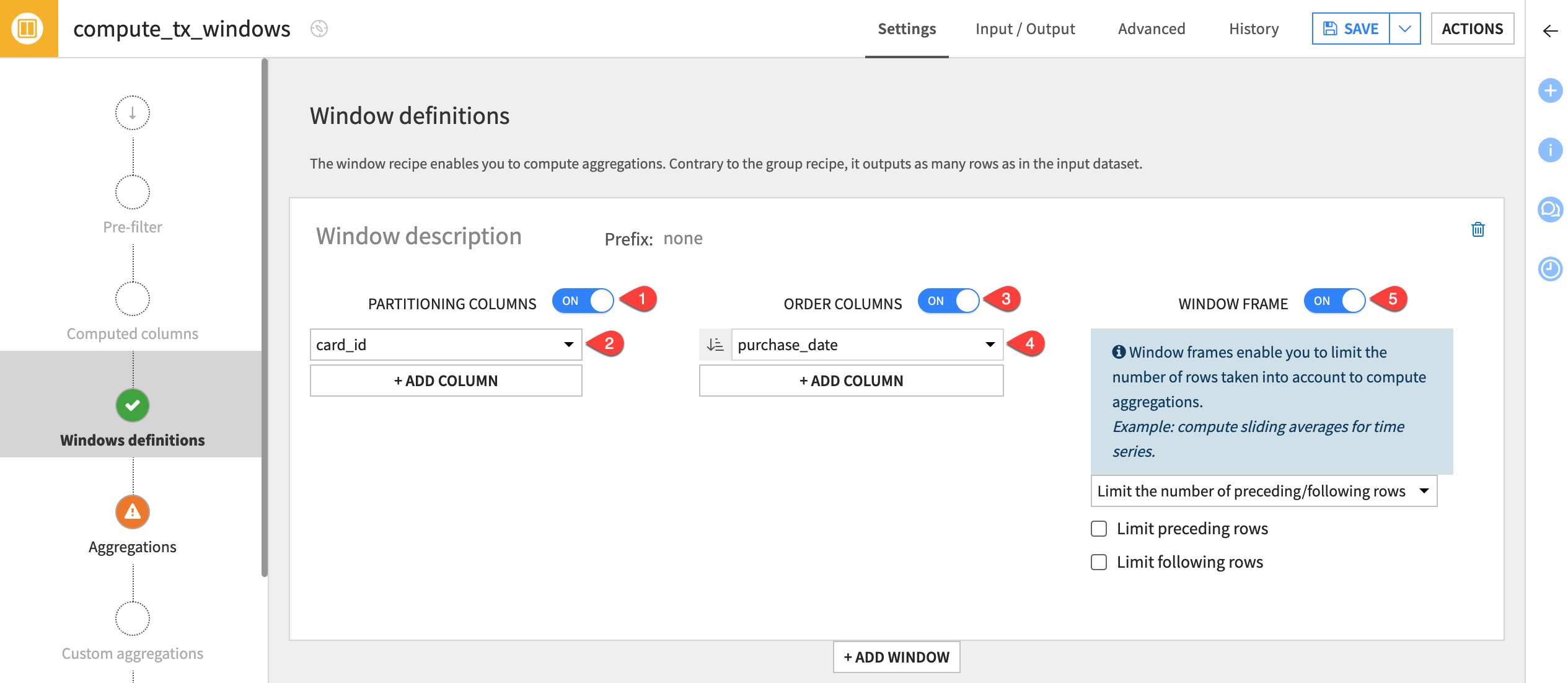 A screenshot of the Windows definition step of the Window recipe.