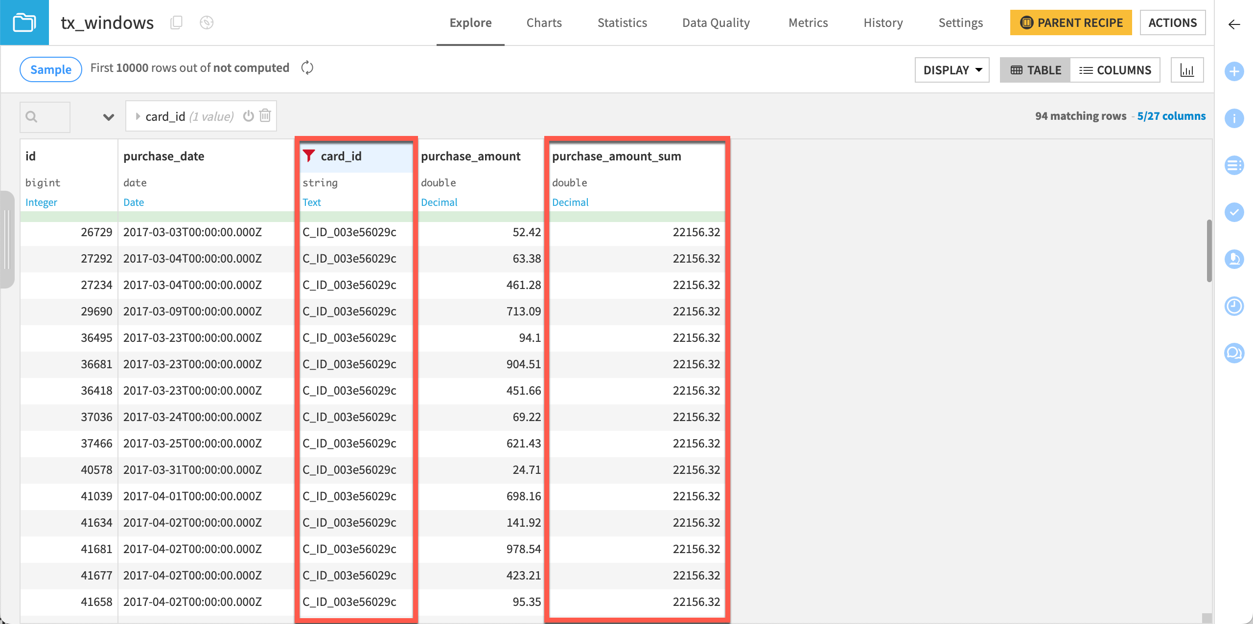 A screenshot of an output of the Window recipe after filtering rows and customizing the column display.