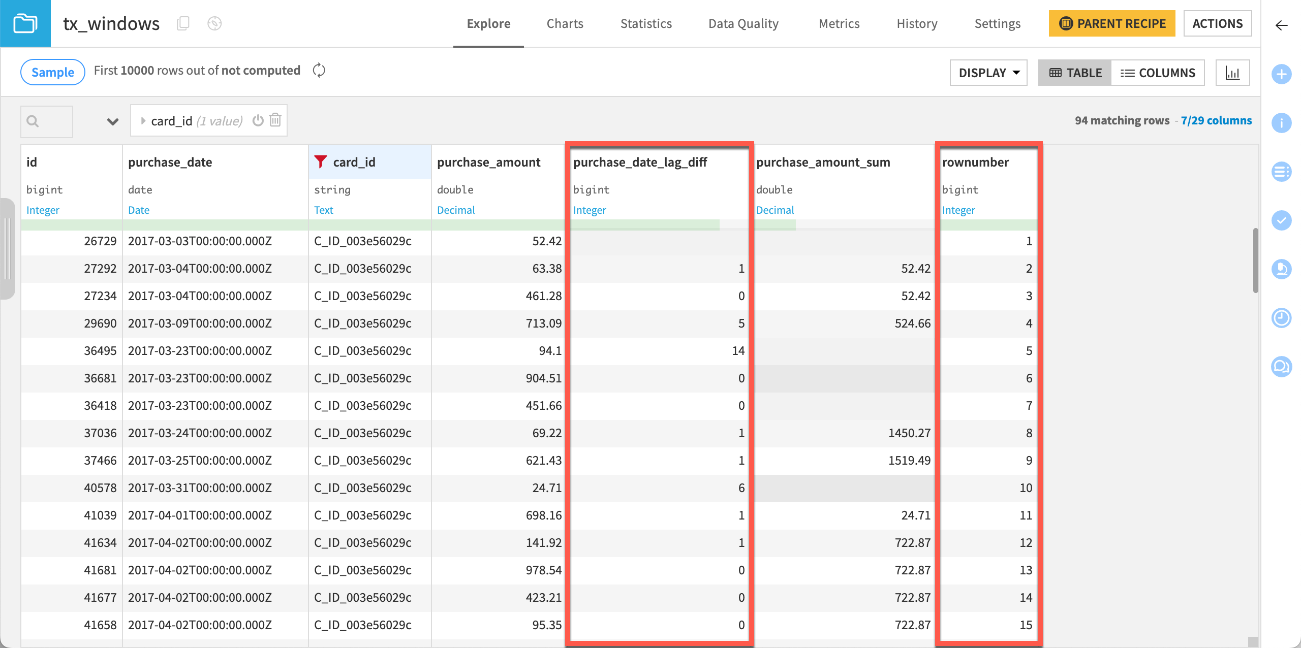 A screenshot of the recipe output including the new LagDiff and row number columns.