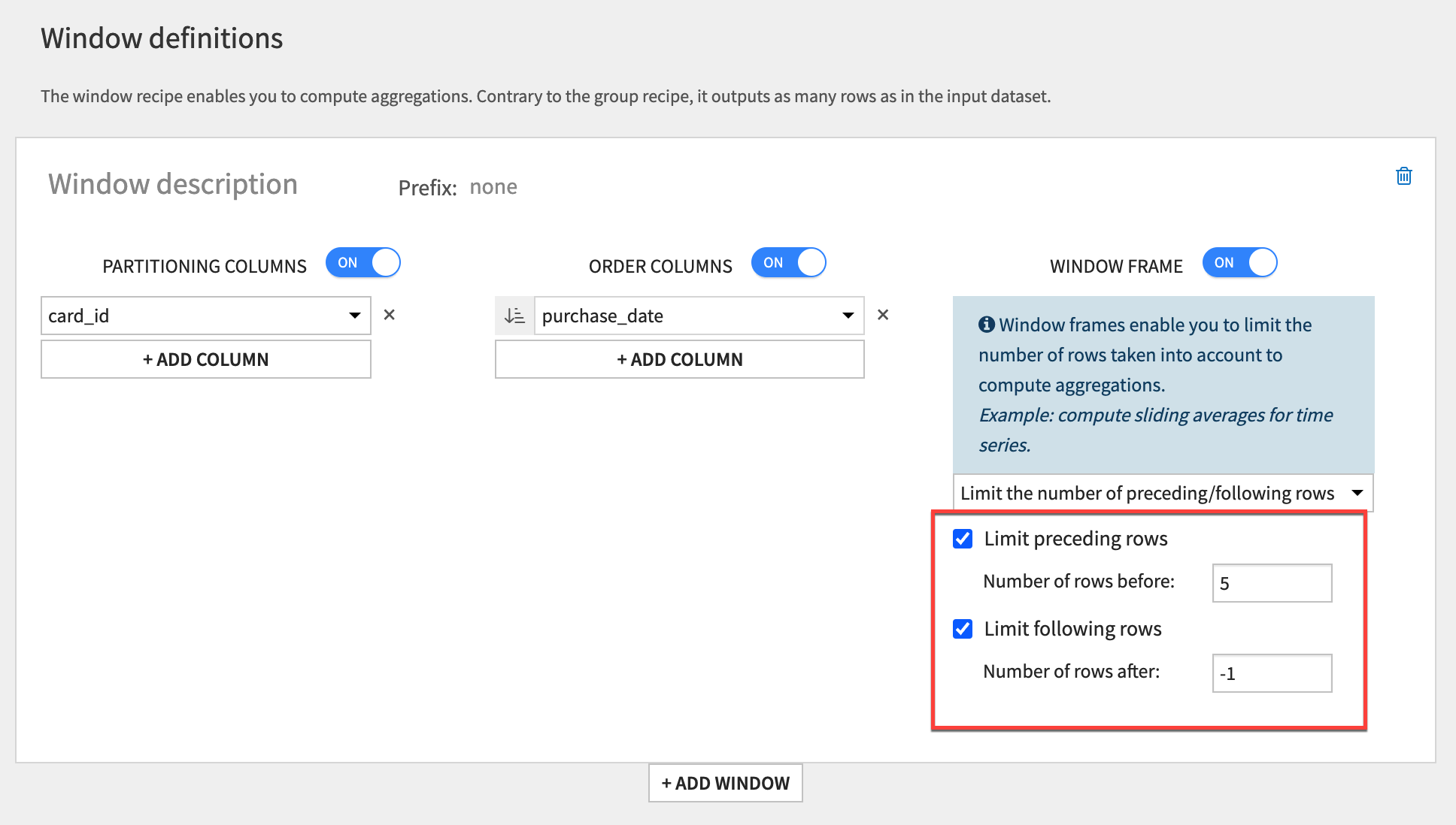 A screenshot of the Window definitions settings for a range of rows.