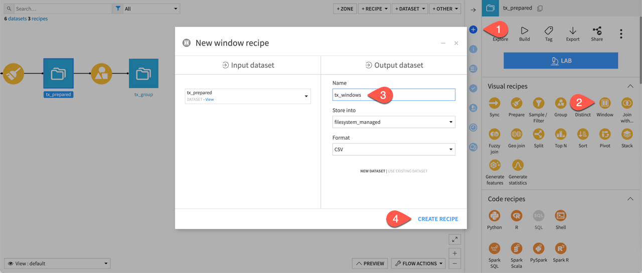 Dataiku screenshot of how to create the Window recipe.