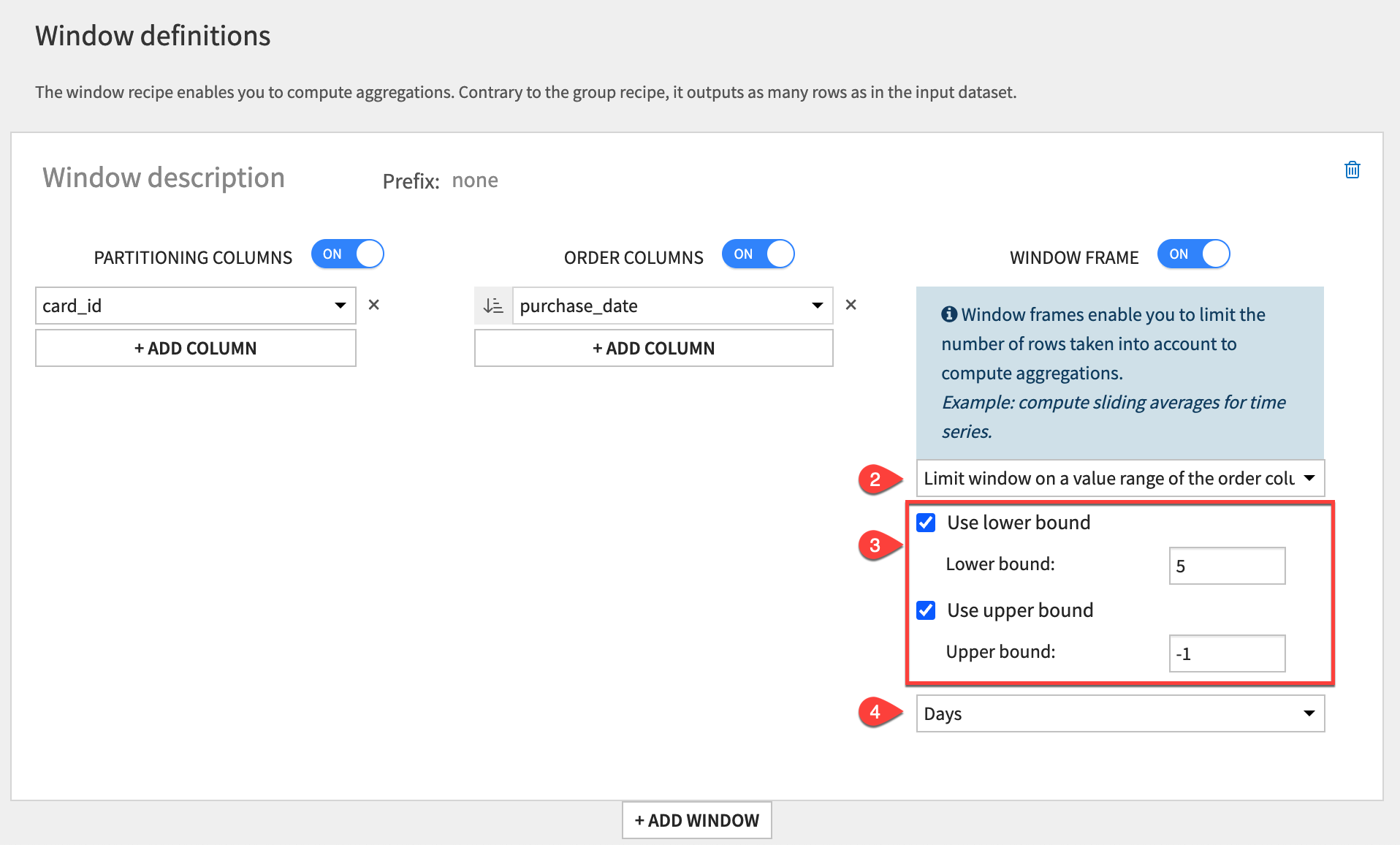 A screenshot of the Window definitions settings for a value range.