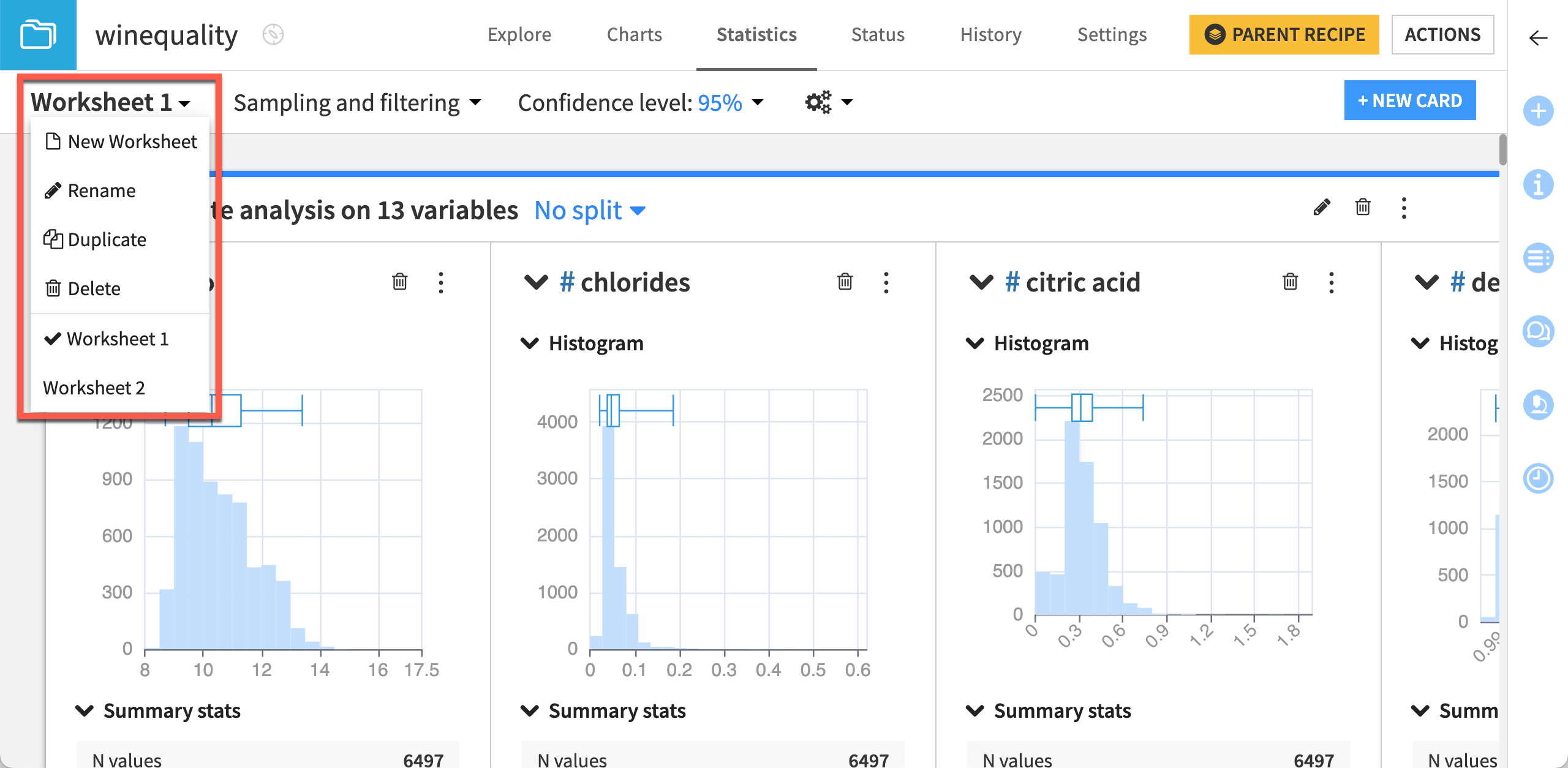 A Dataiku screenshot of the worksheet menu.