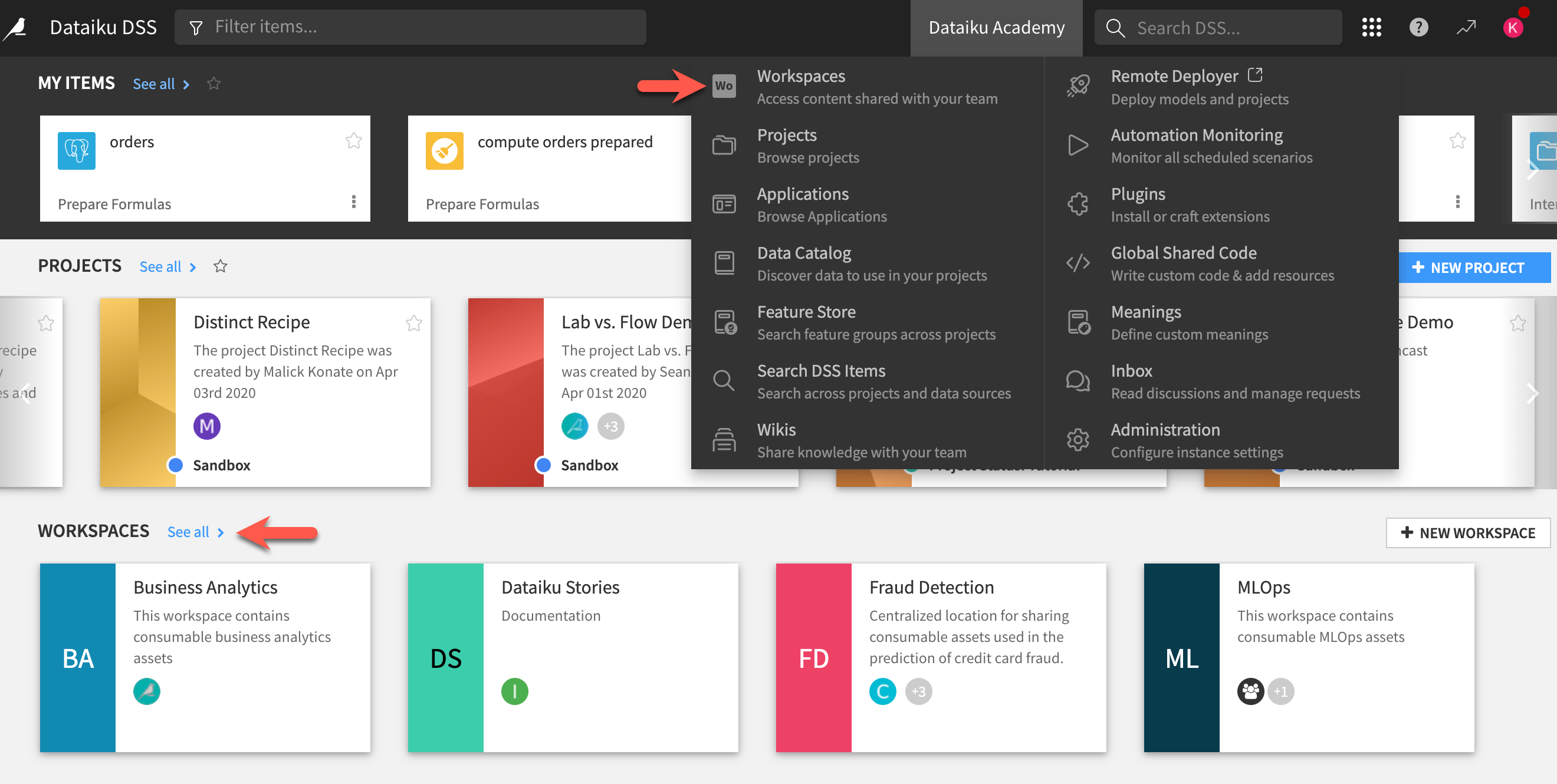 A screenshot highlighting where to access workspaces in Dataiku.