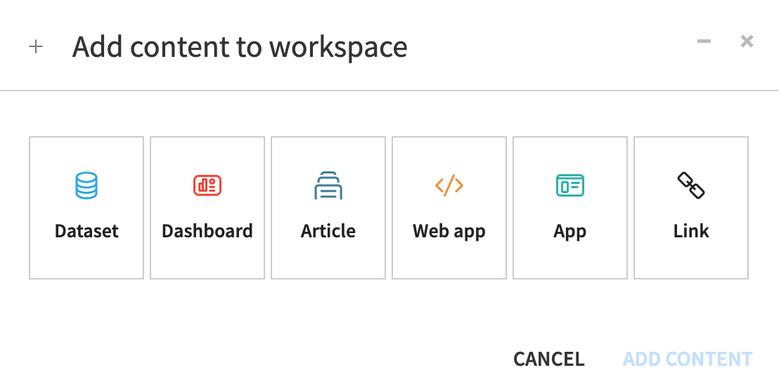 A Dataiku screenshot of workspace content options.