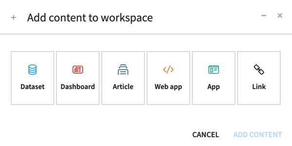 A Dataiku screenshot of workspace content options.