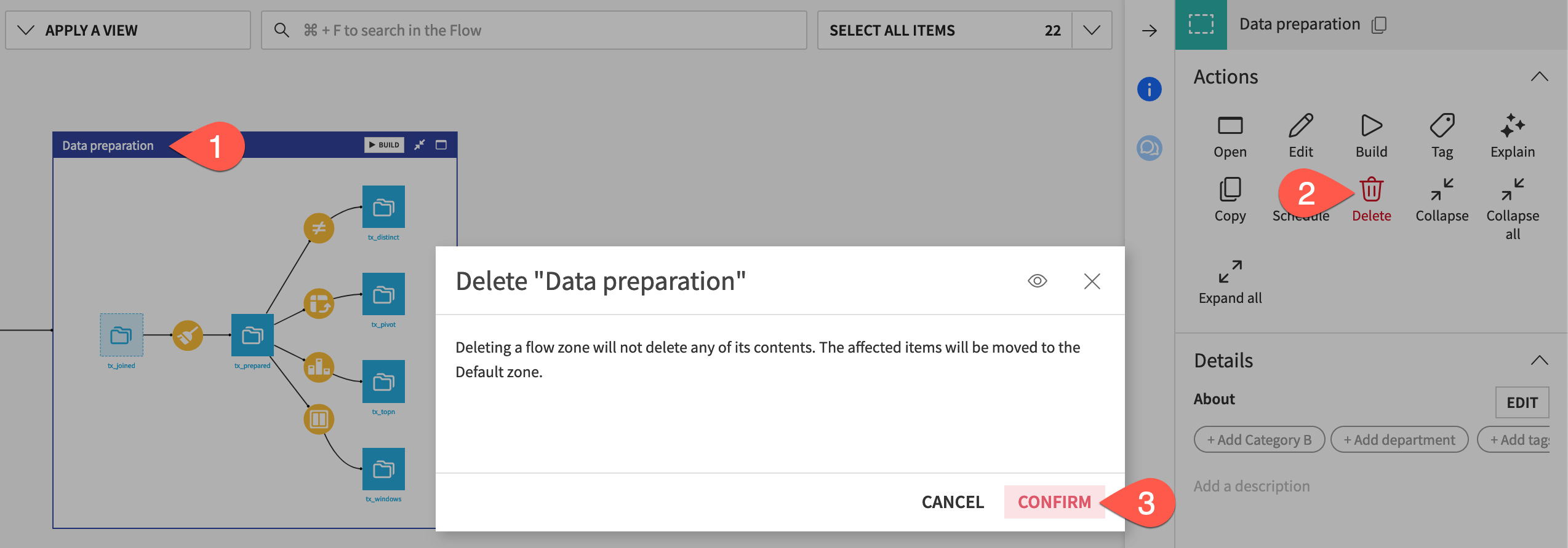 Dataiku screenshot of the option to delete a Flow zone.